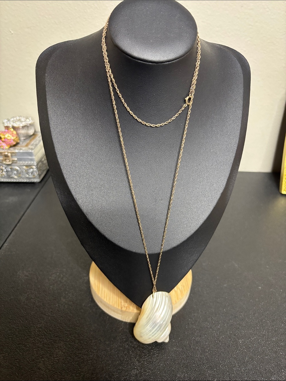 Vintage Gold-Tone Double Chain Long Necklace with Iridescent Shell Pendant